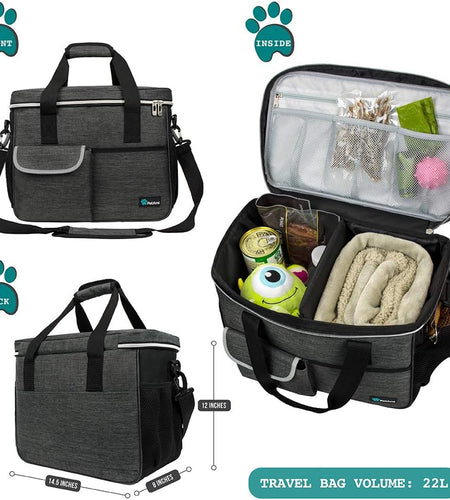 Dog Travel Bag | Airline Approved Tote Organizer with Multi-Function Pockets, Food Container Bag and Collapsible Bowl | Perfect Weekend Pet Travel Set for Dog, Cat