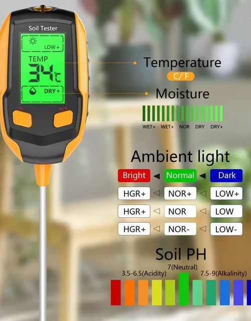 Load image into Gallery viewer, 4 in 1 Soil Moisture Meter Digital Plant Temperature Soil Moisture PH Meter Sunlight Intensity Environment Humidity
