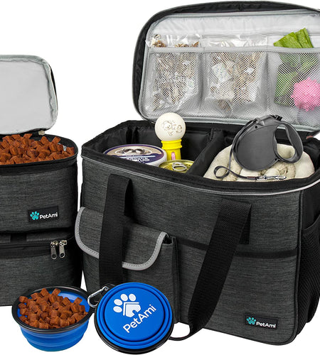 Dog Travel Bag | Airline Approved Tote Organizer with Multi-Function Pockets, Food Container Bag and Collapsible Bowl | Perfect Weekend Pet Travel Set for Dog, Cat