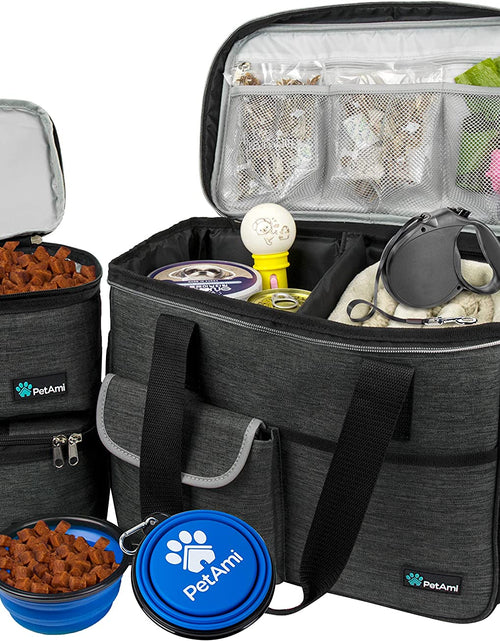Load image into Gallery viewer, Dog Travel Bag | Airline Approved Tote Organizer with Multi-Function Pockets, Food Container Bag and Collapsible Bowl | Perfect Weekend Pet Travel Set for Dog, Cat
