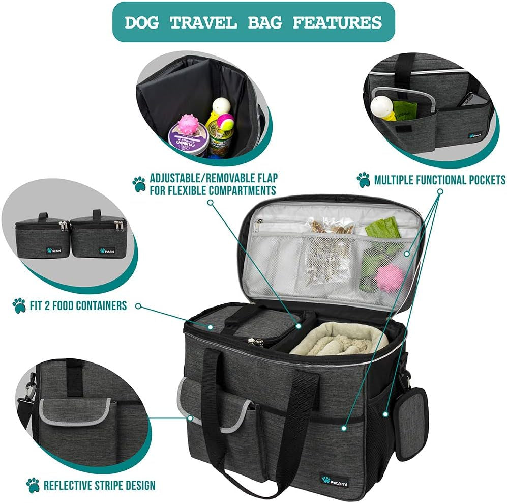 Dog Travel Bag | Airline Approved Tote Organizer with Multi-Function Pockets, Food Container Bag and Collapsible Bowl | Perfect Weekend Pet Travel Set for Dog, Cat